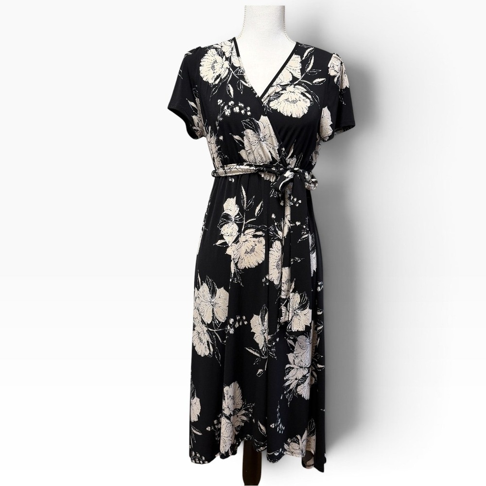 PinkBlush Women Black Cream Floral Wrap High Low Midi Dress Large Short Sleeve